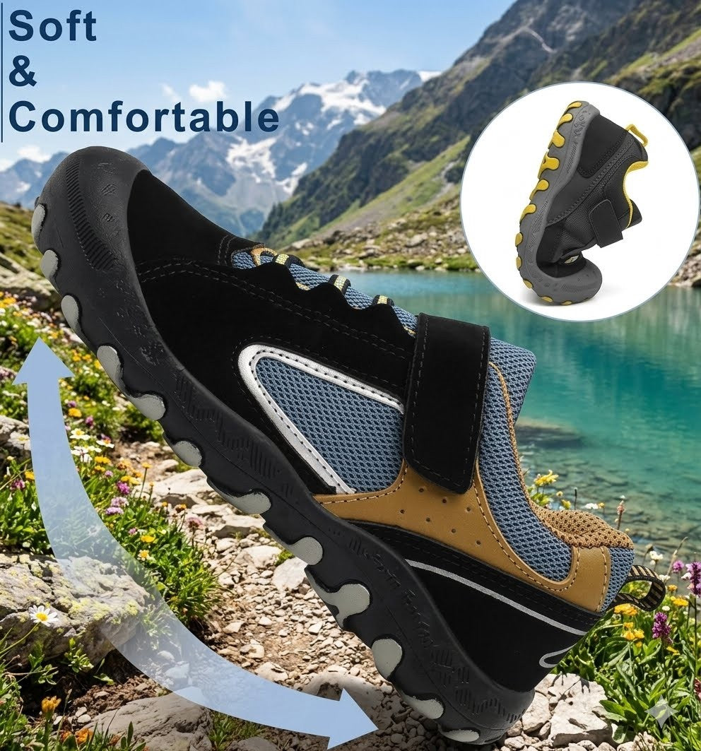 A black and blue hiking shoe with tan accents is shown outdoors against a mountain lake background, with text reading 'Soft & Comfortable' and a circular inset showing the shoe's sole detail.