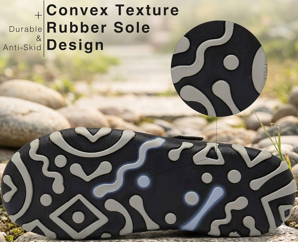 A black and white patterned shoe sole shown on a rocky outdoor background, with text reading 'Convex Texture Rubber Sole Design' and a circular inset highlighting the tread pattern.