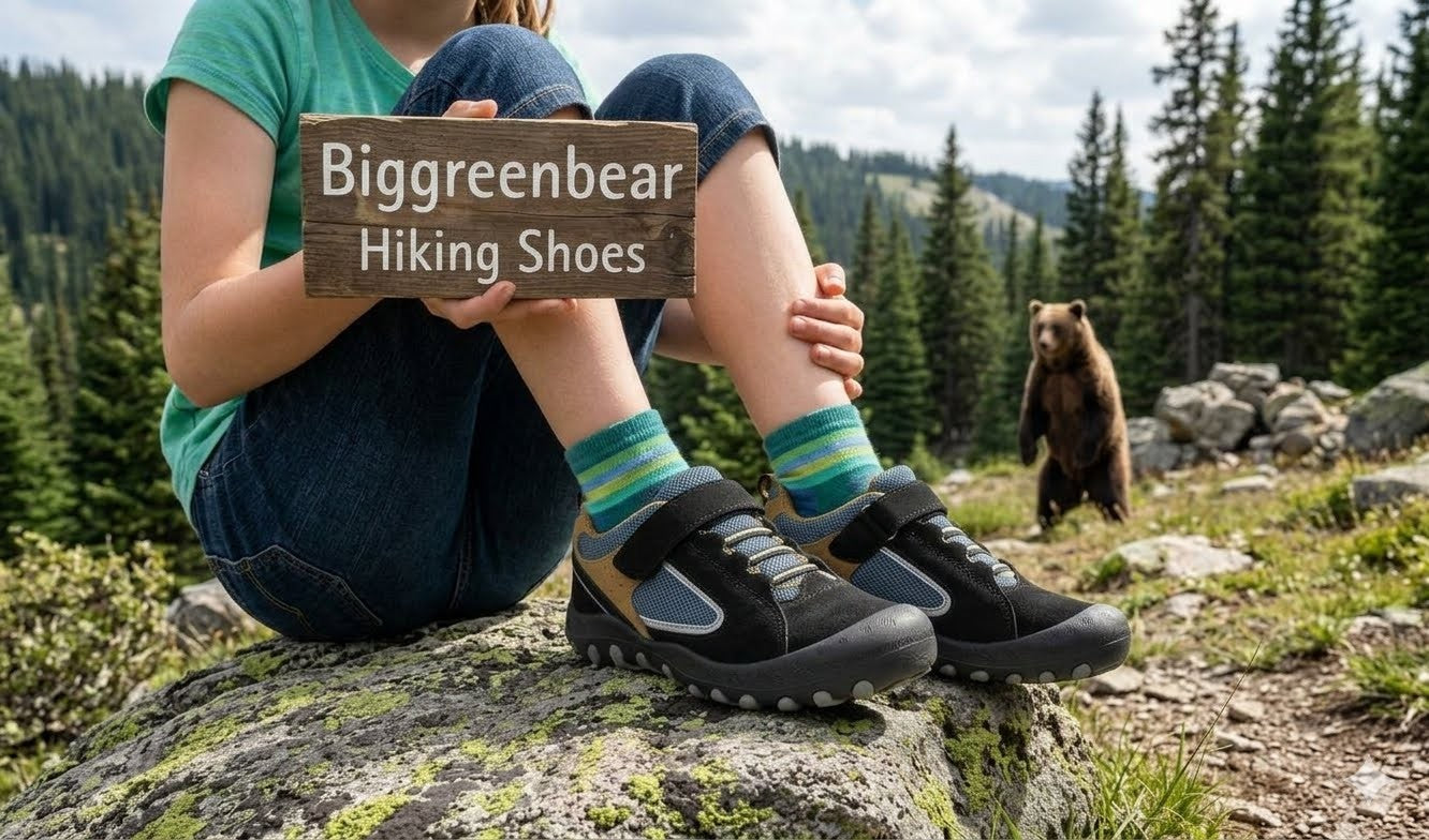 A person sitting outdoors on a rock in a forest setting holds a wooden sign that reads 'Biggreenbear Hiking Shoes.' The person is wearing hiking shoes and striped socks, with a bear visible in the background.
