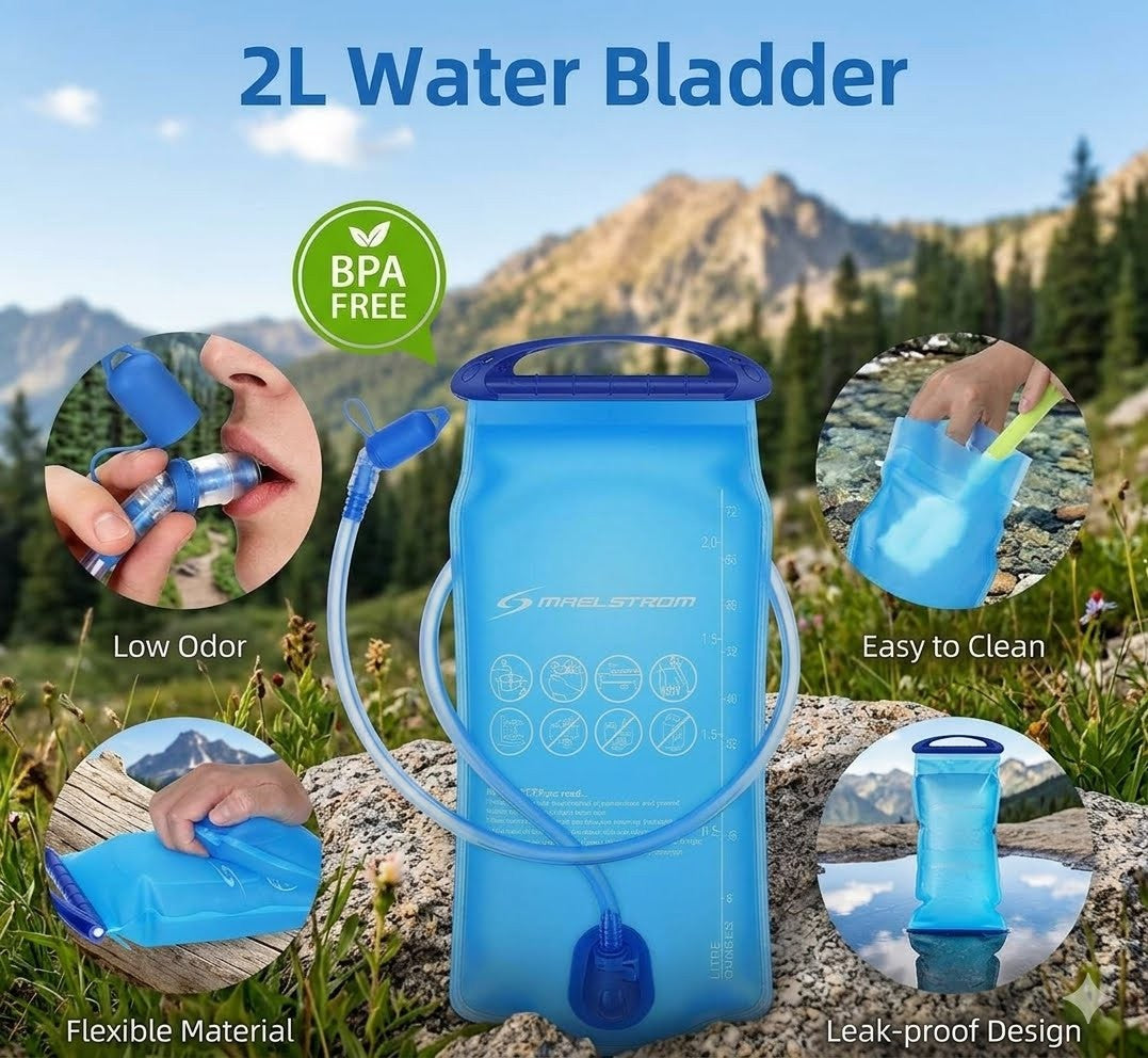 A 2L blue water bladder shown outdoors with mountain scenery in the background, surrounded by circular inset images demonstrating features like low odor, easy to clean, flexible material, and leak-proof design. Text at the top reads '2L Water Bladder' and a green badge says 'BPA FREE'.