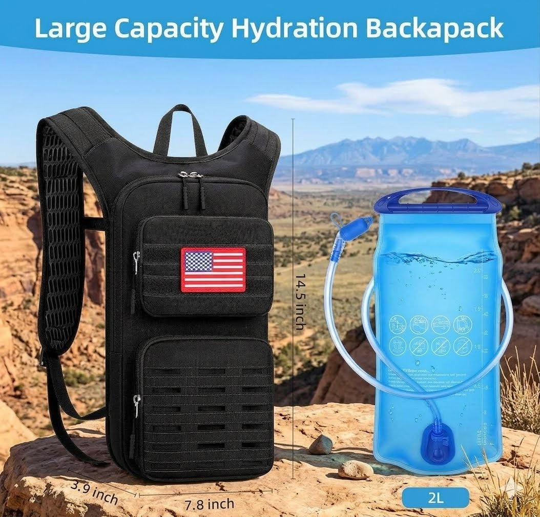 Black hydration backpack shown beside a 2L blue water bottle on a rocky desert background, with text reading 'Large Capacity Hydration Backpack' and size measurements.