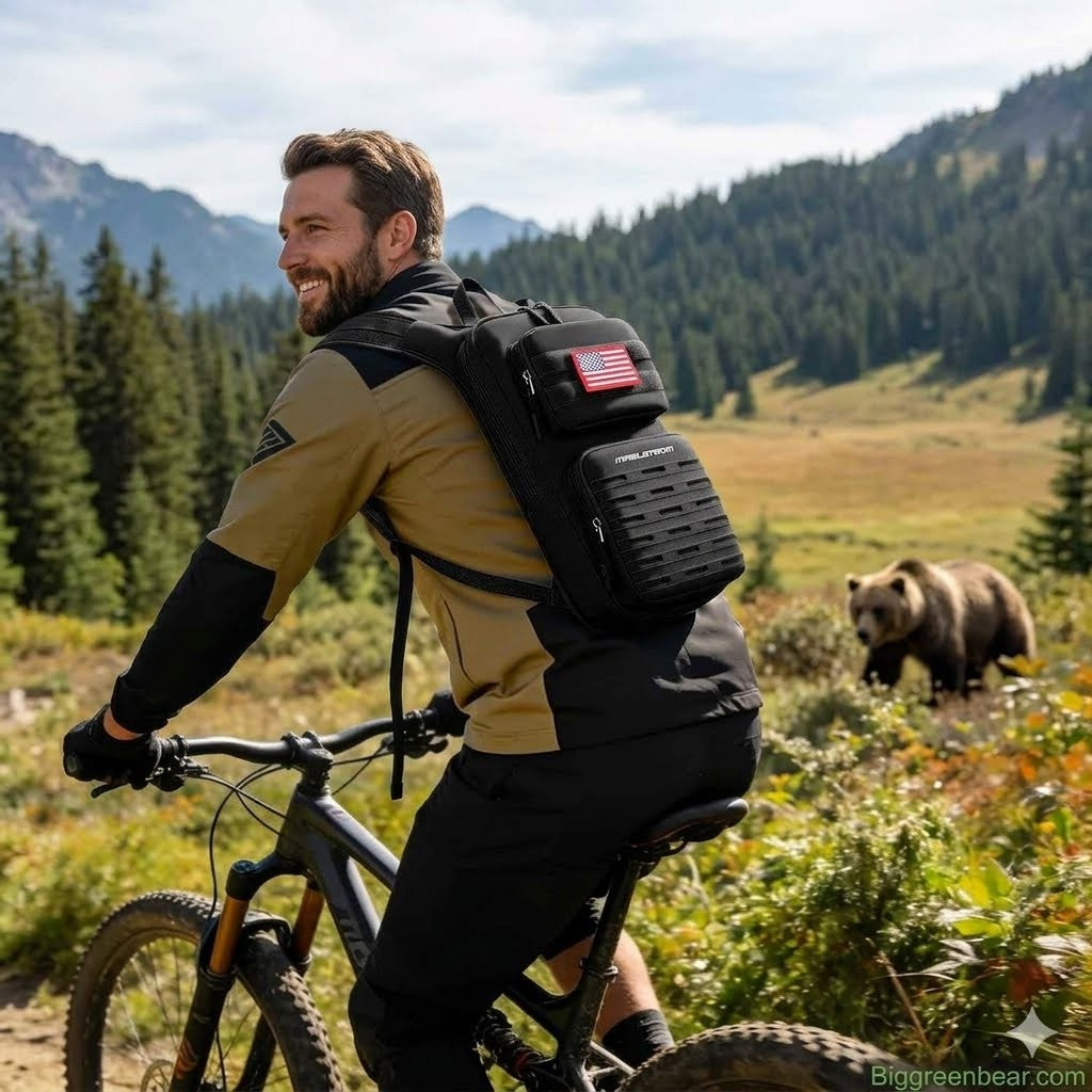 A man riding a mountain bike in a forested mountain setting, wearing a black and tan backpack with a small American flag patch and a black rectangular pouch. A brown bear is visible in the background grass.