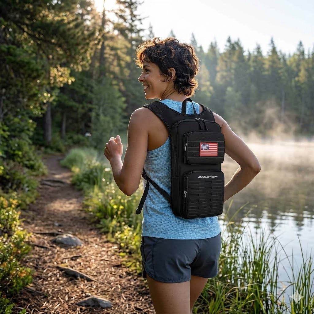 A woman hiking on a forest path beside a lake, wearing a black backpack with a small American flag patch and the brand name 'NEXUS' visible on the front pocket.