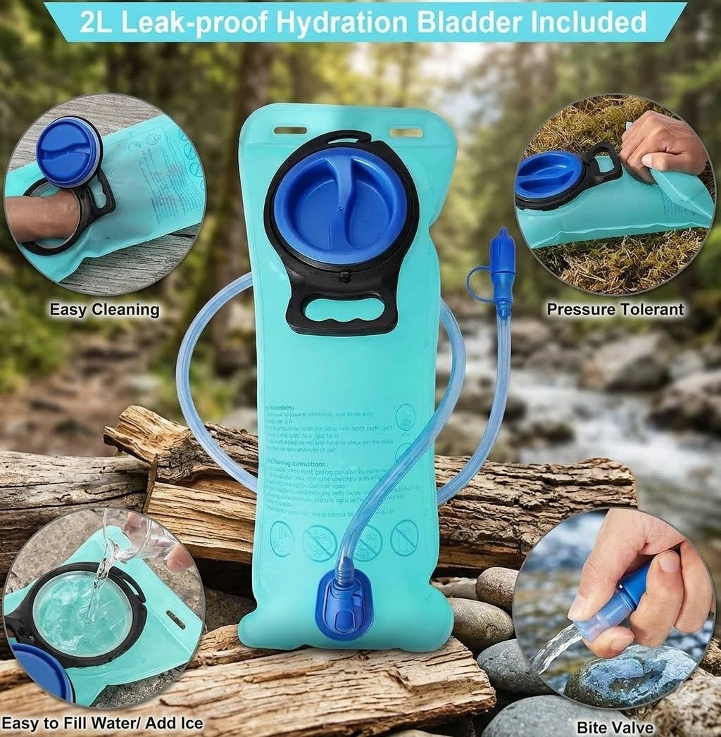 A 2L leak-proof hydration bladder in light teal with a blue cap and drinking tube, shown outdoors among logs and rocks. The main product is centered, with four circular inset callouts demonstrating easy cleaning, pressure tolerance, water filling, and the bite valve.