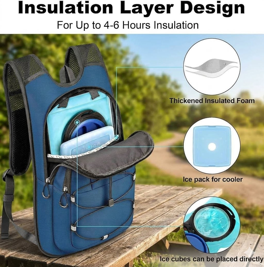 A blue insulated backpack shown outdoors on a wooden bench with feature callouts and text explaining its insulation design, including thickened insulated foam and ice pack compartments.