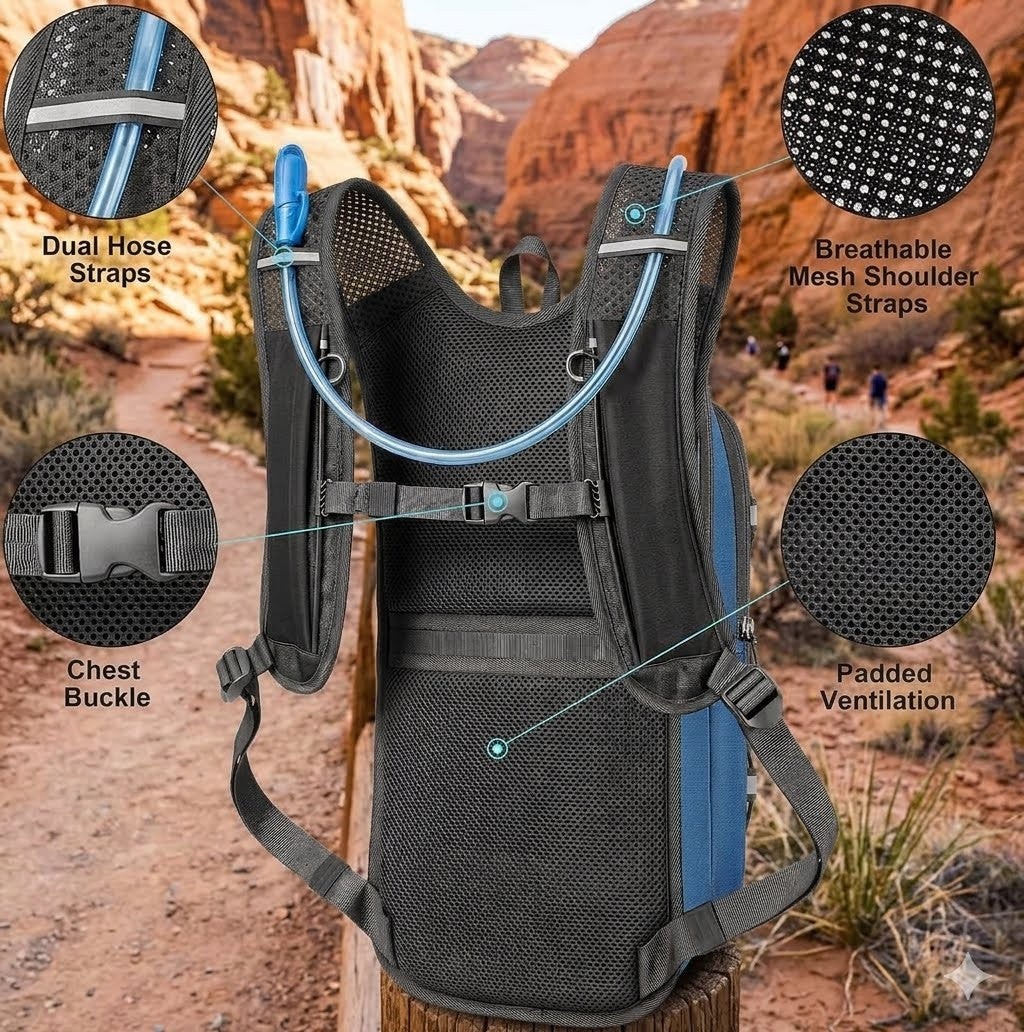 A black and blue hydration backpack shown on a trail with feature callout circles and labels including dual hose straps, breathable mesh shoulder straps, chest buckle, and padded ventilation.
