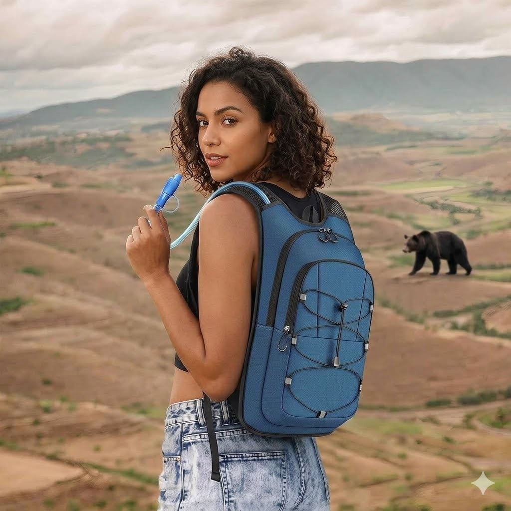 A woman wearing a blue hiking backpack with a hydration tube, standing in a mountainous outdoor landscape with a bear in the background.
