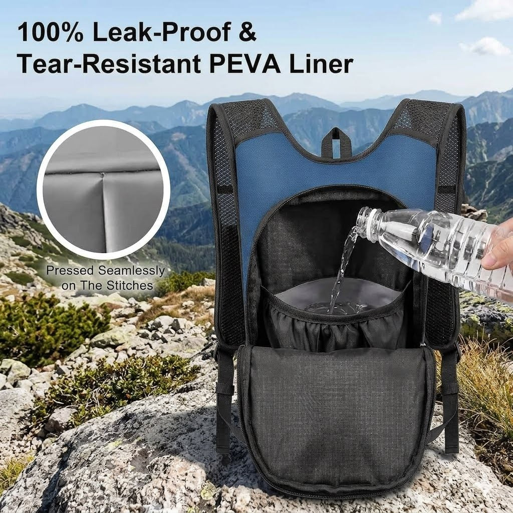 A blue and black hydration backpack shown outdoors on a mountain with a rock in the foreground, with a hand pouring water from a clear bottle into the backpack's cup. Text at the top reads '100% Leak-Proof & Tear-Resistant PEVA Liner,' and a circular inset shows a close-up of the stitched liner.
