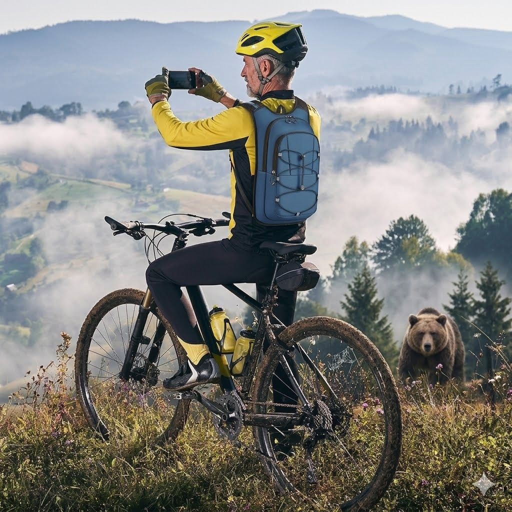 A man wearing a yellow and black cycling jersey, yellow helmet, and a blue-gray hydration backpack sits on a mountain bike in a scenic outdoor setting with misty mountains and a bear in the background.