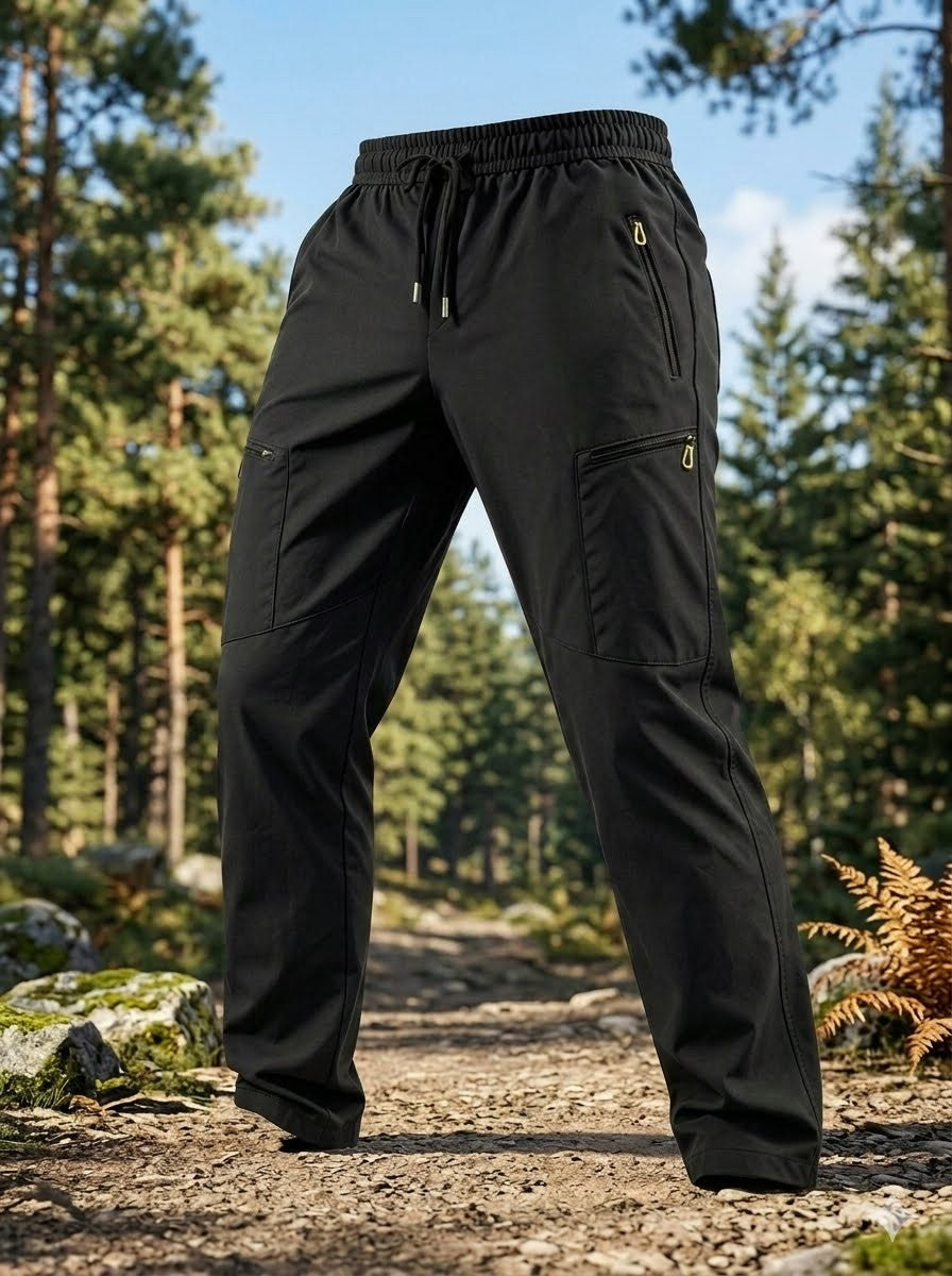Black outdoor cargo pants with an elastic drawstring waist and zippered pockets, shown standing on a forest path.
