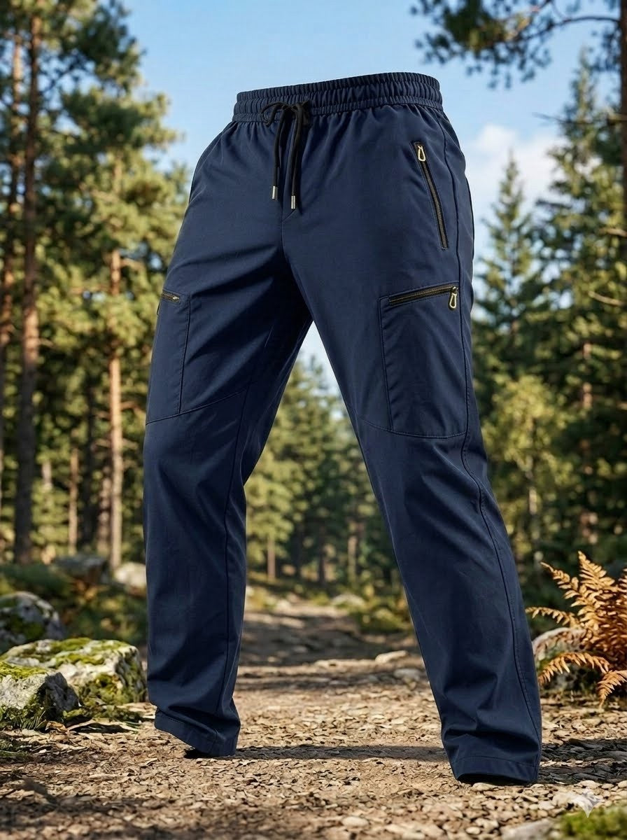 A pair of navy blue outdoor cargo pants with a drawstring waist and zippered pockets, shown standing on a forest path.