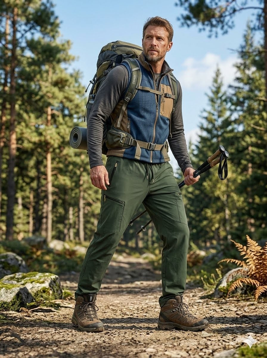 A man hiking on a forest path wearing green outdoor pants, a blue and gray zip-front vest over a gray long-sleeve shirt, a large green backpack, and brown hiking boots, while holding an axe.