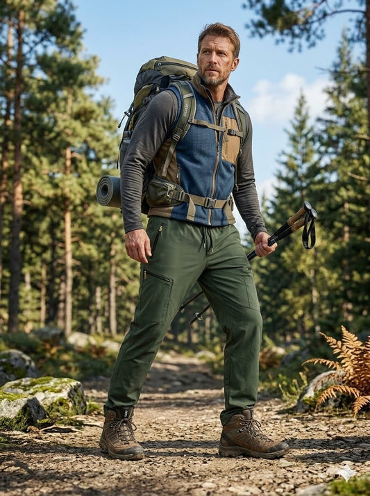 A man hiking on a forest path wearing green outdoor pants, a blue and gray zip-front vest over a gray long-sleeve shirt, a large green backpack, and brown hiking boots, while holding an axe.