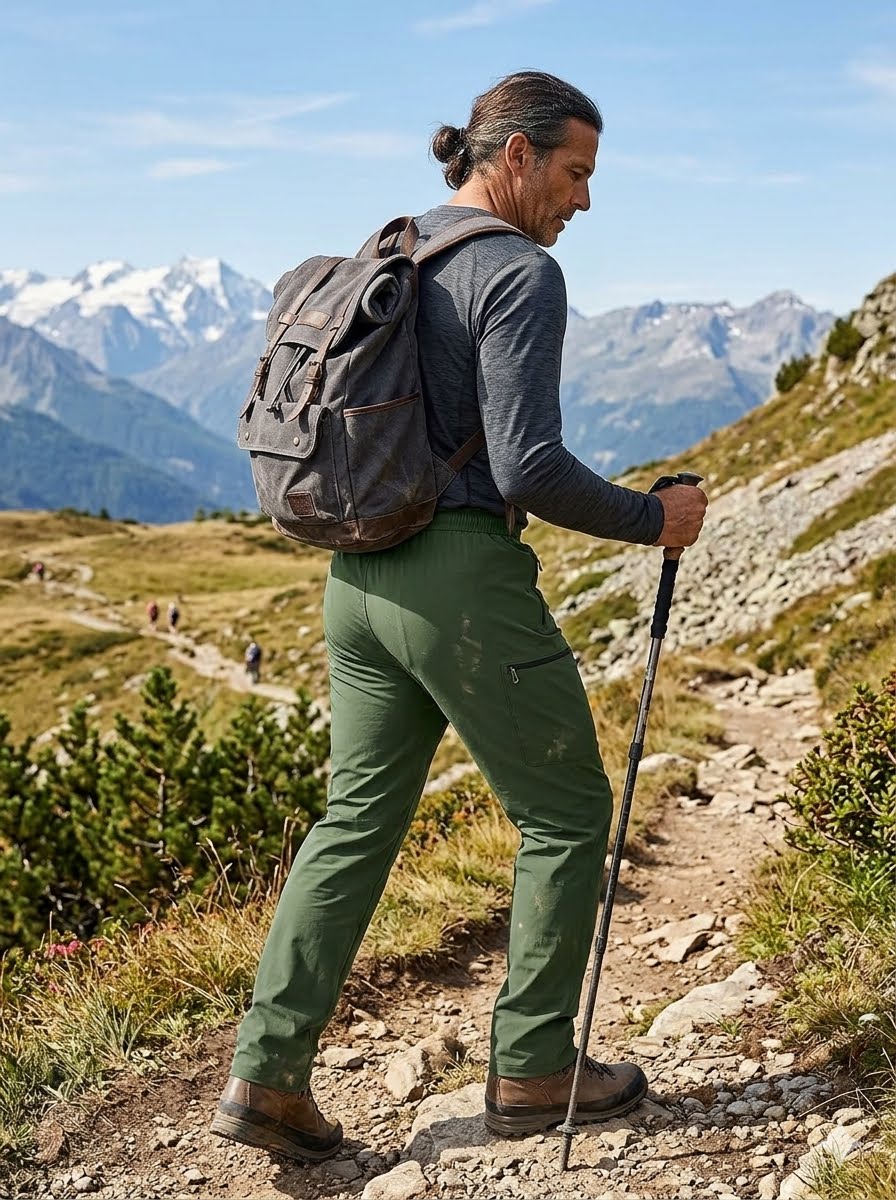 A man hiking on a mountain trail wearing green hiking pants, a dark gray long-sleeve shirt, a brown backpack, and using a trekking pole, with snow-capped mountains in the background.