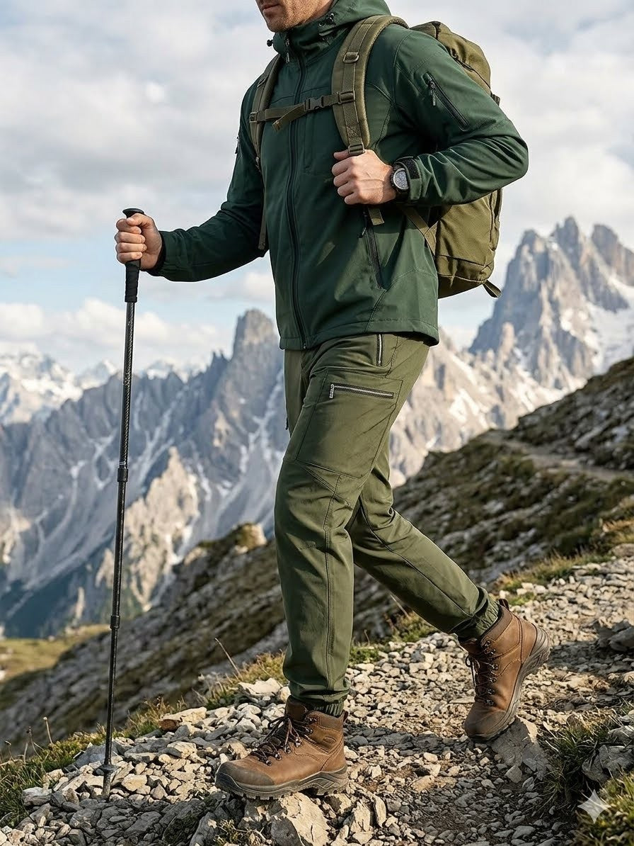 A man hiking in a mountainous outdoor setting, wearing a dark green hooded jacket, olive green pants, brown hiking boots, and carrying a green backpack while using a black trekking pole.