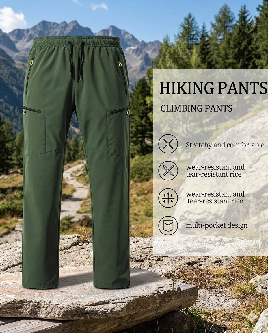 Green hiking pants displayed against a mountain trail background, with a text panel on the right listing features such as stretchiness, comfort, and tear resistance.