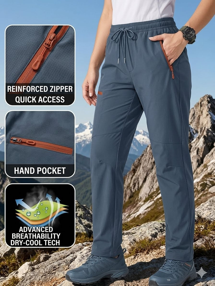 A person wearing slate blue hiking pants stands on a rocky mountain trail, with three inset detail panels showing a reinforced zipper, a hand pocket, and advanced breathability technology.