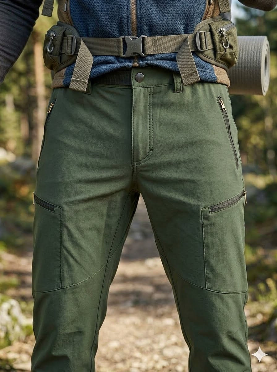 Close-up of a person outdoors wearing olive green tactical-style cargo pants with zippered pockets, a blue top, and a tan waist belt with gear attachments.