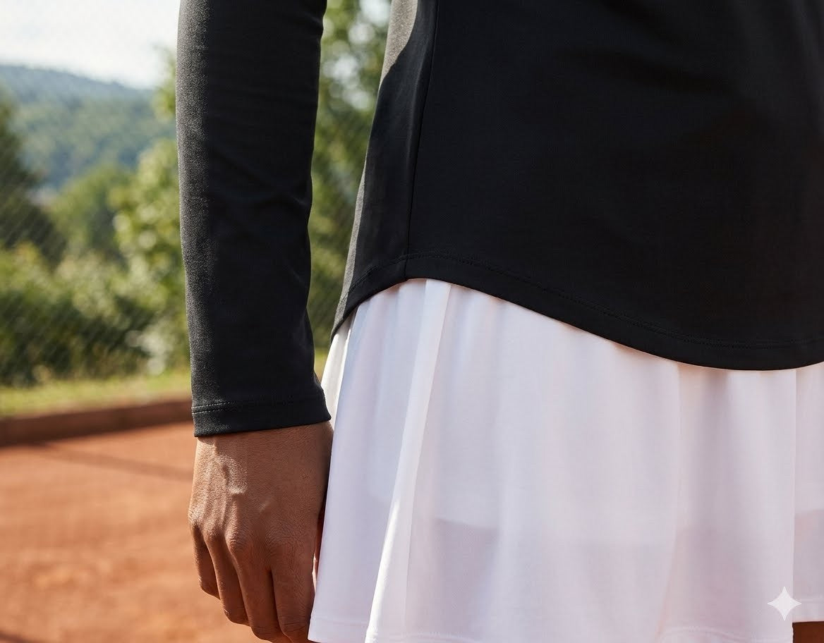 Close-up of a person outdoors wearing a black long-sleeve athletic top layered over a white tennis skirt, with a blurred tennis court and greenery in the background.