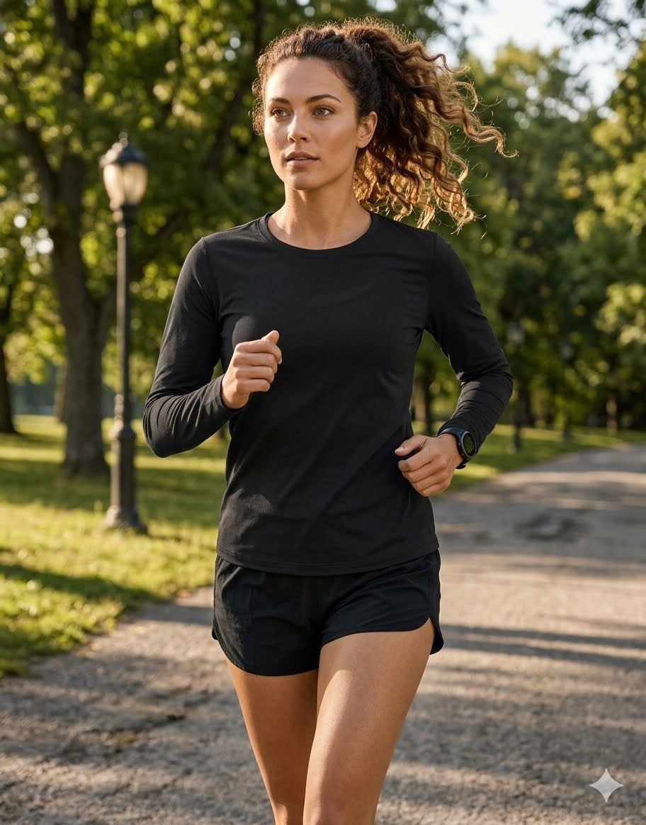 A woman jogging outdoors on a park path wearing a black long-sleeve athletic top and black running shorts.