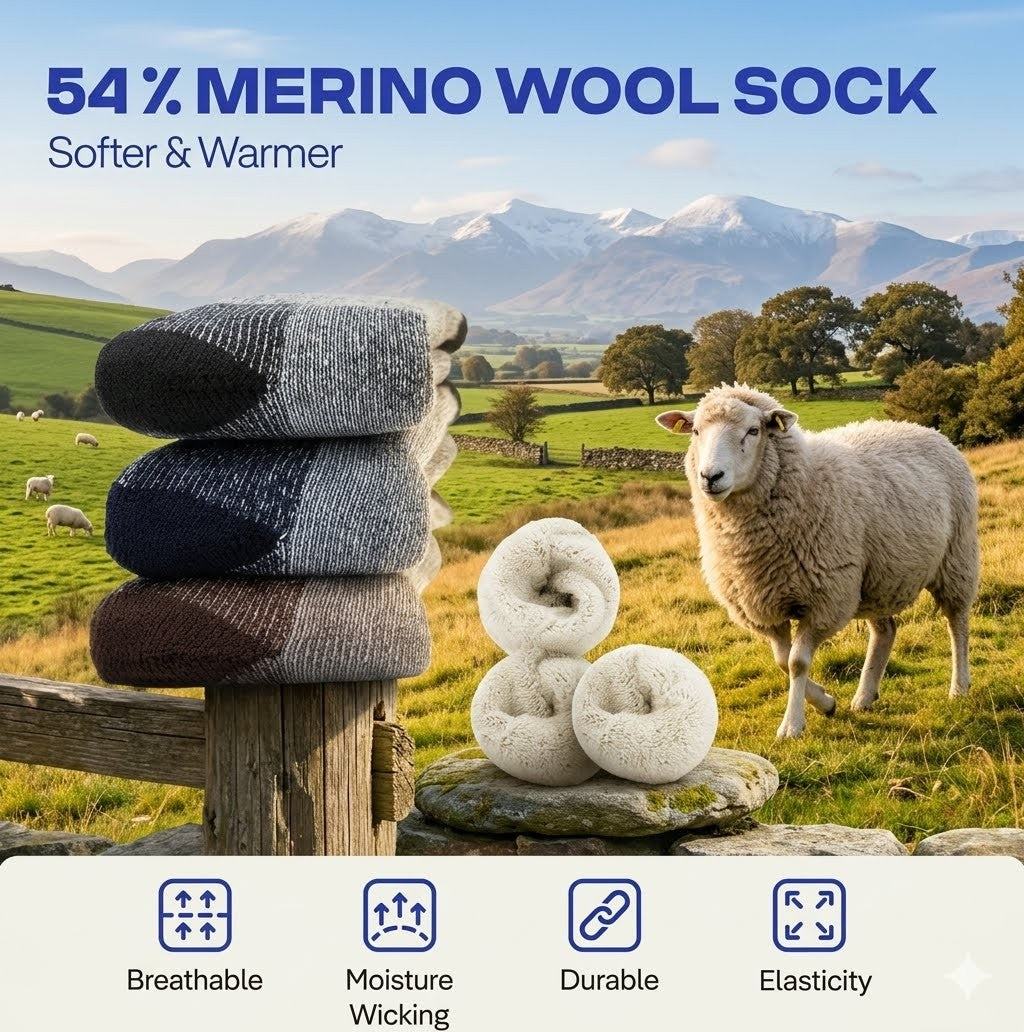 Merino wool sock promotional graphic showing stacked gray, navy, and brown socks on a fence, loose white socks on stones, a sheep in a green field, mountains in the background, and text reading '54% MERINO WOOL SOCK' with feature icons at the bottom.