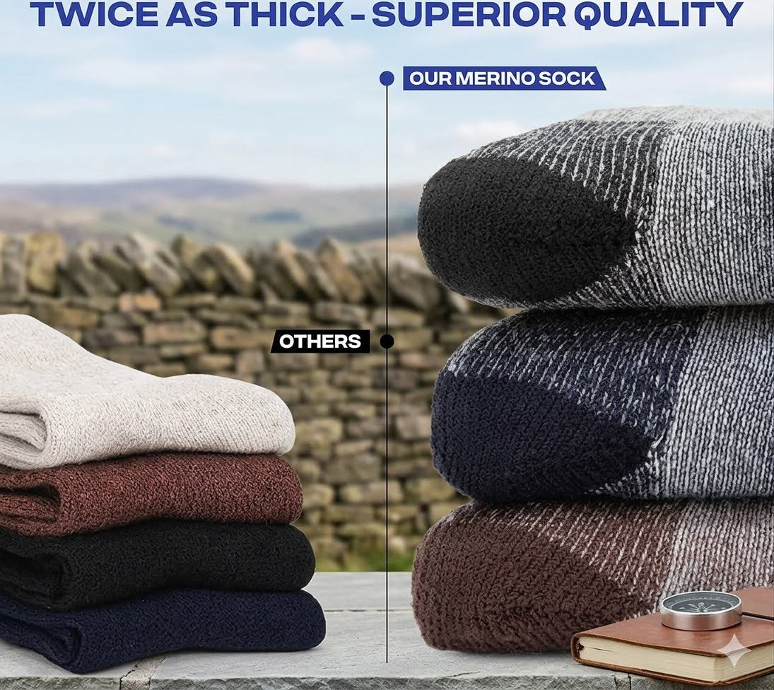 Promotional comparison graphic for thick socks. Large text at the top reads 'TWICE AS THICK - SUPERIOR QUALITY' with 'OUR MERINO SOCK' above a stack of four thick knit socks in cream, burgundy, black, and navy, and 'OTHERS' beside a smaller stack of thinner socks.