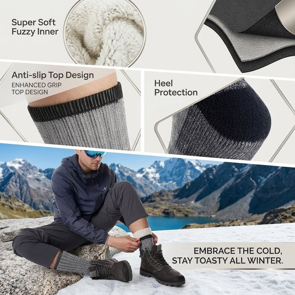A promotional collage for a winter boot sock. The top and middle panels show close-up feature callouts: a fuzzy inner lining, an anti-slip top design, heel protection, and a gray ribbed cuff.