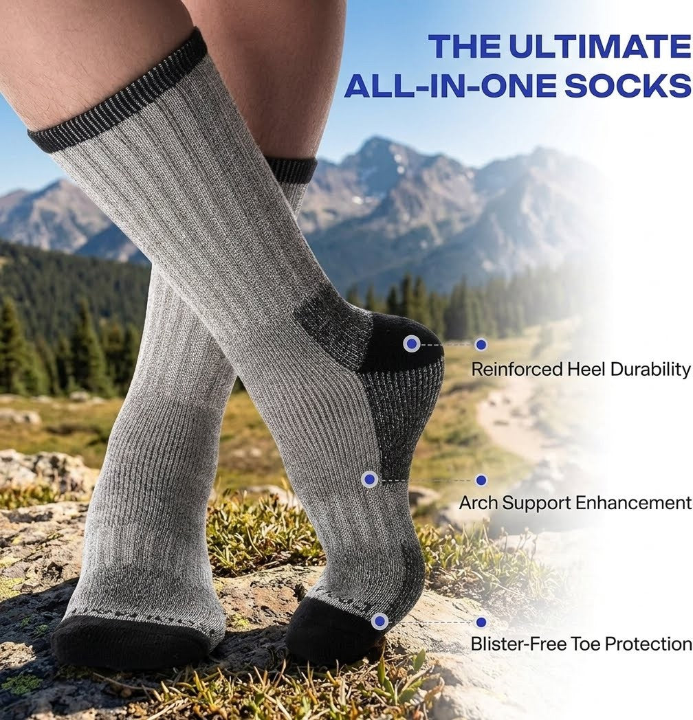 A pair of gray and black athletic hiking socks worn on feet, shown outdoors with mountains in the background. Text overlays highlight features like reinforced heel durability, arch support enhancement, and blister-free toe protection.