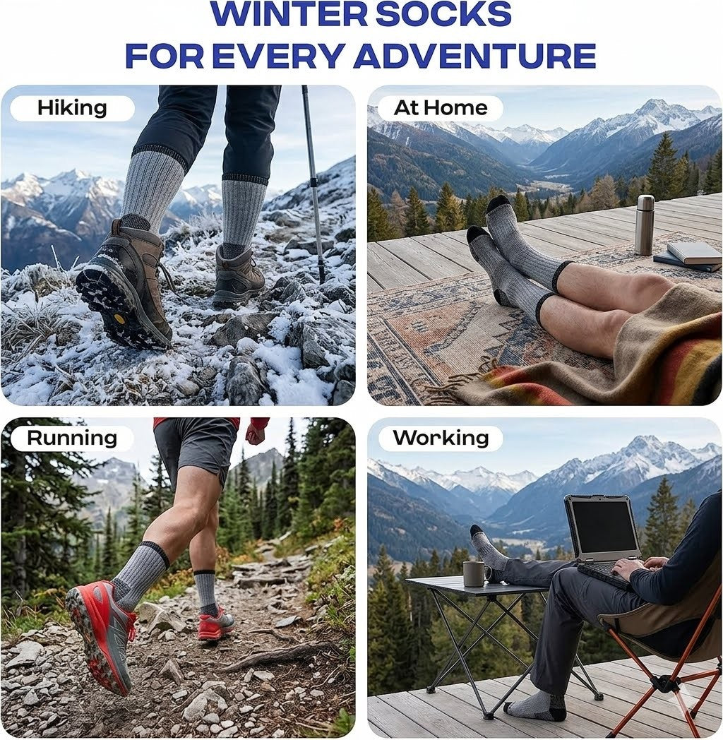 A promotional collage for winter socks with the headline 'WINTER SOCKS FOR EVERY ADVENTURE' at the top. The four panels show socks being worn in different contexts: hiking on snowy mountains, running on a trail, relaxing on a wooden deck, and working on a deck with a laptop.