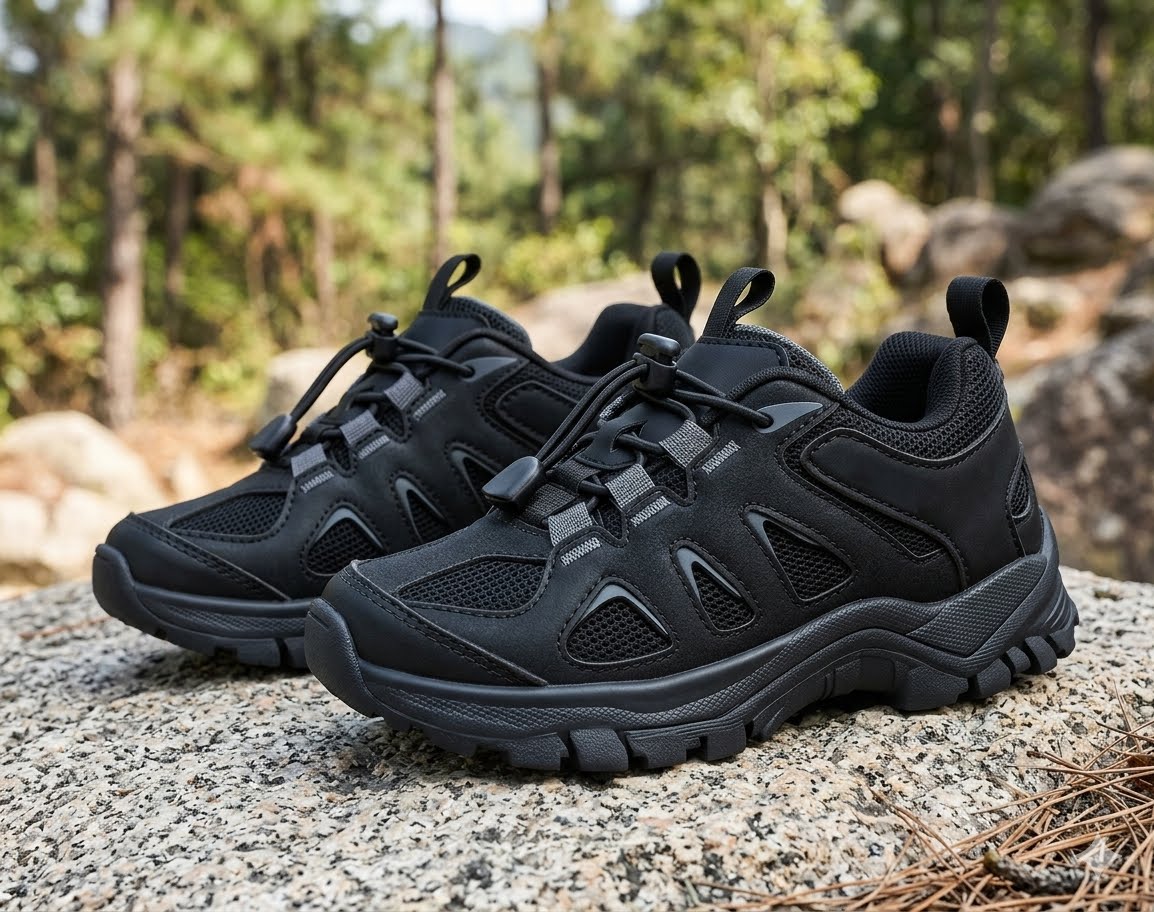 A pair of black outdoor hiking shoes with thick lug soles and lace-up closures, displayed on a rock with a blurred forest background. big gree bear