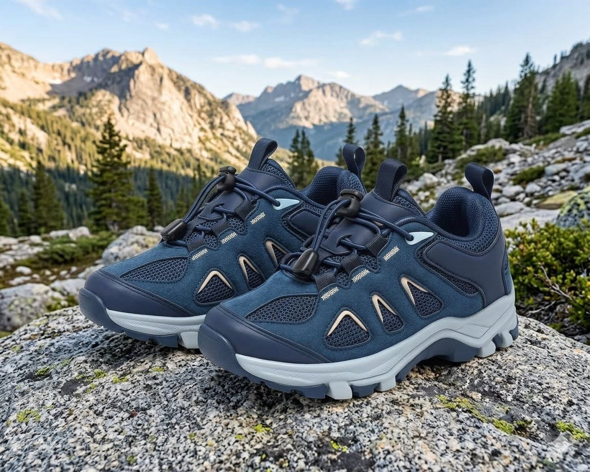 A pair of dark blue and gray hiking shoes with white soles, resting on a large gray rock with a mountain and pine forest background. big green bear