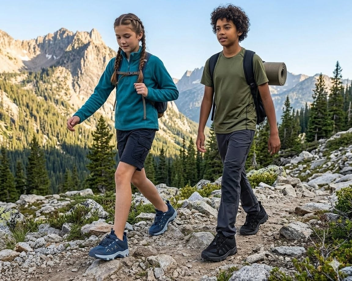 Two children hiking on a rocky mountain trail with pine trees and rugged peaks in the background. The girl wears a teal long-sleeve top, dark shorts, and blue hiking shoes, while the boy wears an olive green T-shirt, dark pants, and carries a rolled sleeping pad on his backpack.