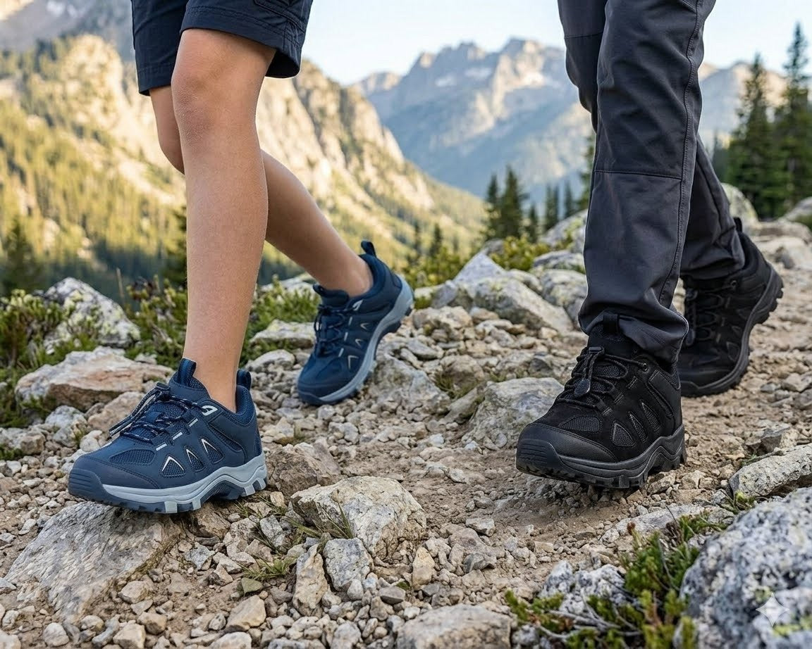 A close-up outdoor shot of two people hiking on a rocky mountain trail, showing a pair of navy blue trail shoes and a pair of black trail shoes against a scenic mountain backdrop.