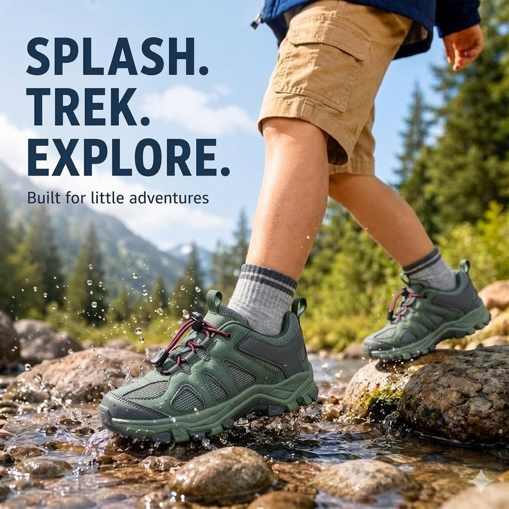 A child wearing gray and green waterproof hiking shoes walks across a rocky stream in a forest, with the text 'SPLASH. TREK.