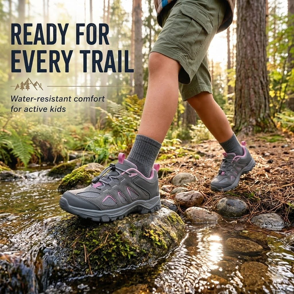 A child wearing gray and pink water-resistant hiking shoes and olive green shorts walks across a mossy rock in a forest stream, with the text 'READY FOR EVERY TRAIL' on the left.