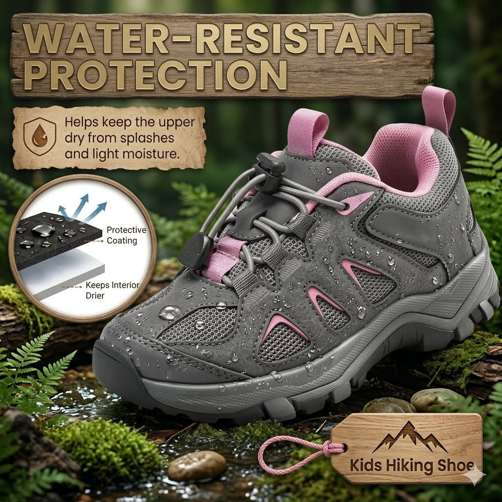 A gray and pink kids' hiking shoe shown outdoors on mossy rocks with water droplets, under a 'Water-Resistant Protection' graphic overlay and a 'Kids Hiking Shoe' brand badge.
