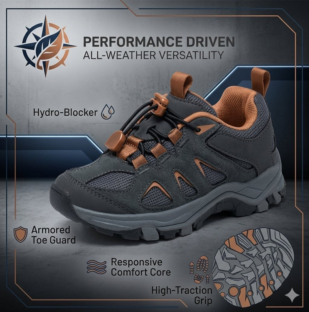 A gray and orange performance hiking shoe shown on a dark blue-gray graphic background with feature callouts including 'Hydro-Blocker,' 'Armored Toe Guard,' 'Responsive Comfort Core,' and 'High-Traction Grip.'.