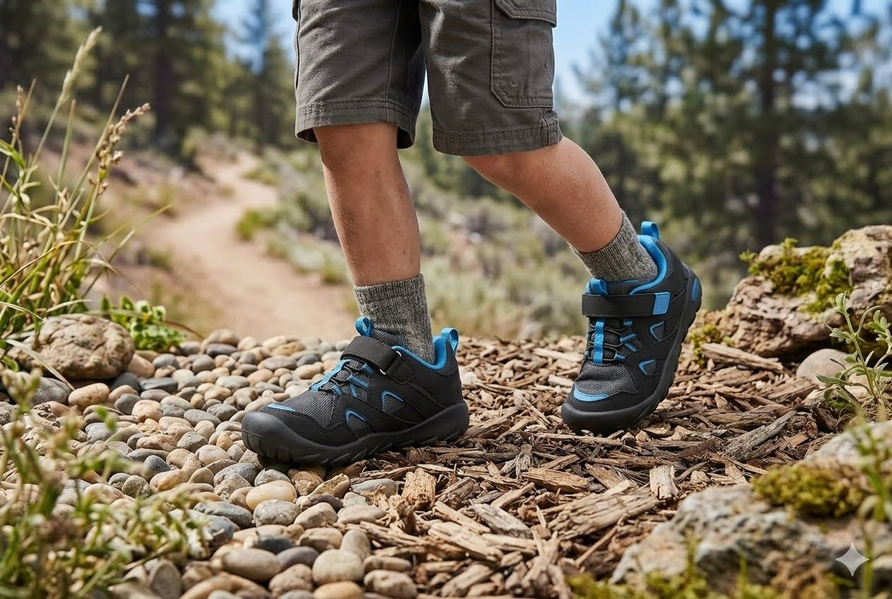 A close-up of a person's legs wearing black and blue hiking shoes with gray shorts, walking on a rocky dirt trail in a forest.