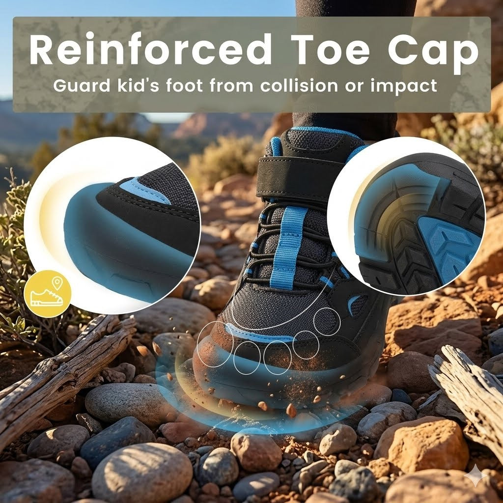A black and blue hiking shoe shown outdoors on rocky ground, with text reading 'Reinforced Toe Cap' and two circular inset close-ups highlighting the toe protection and cushioned sole design.
