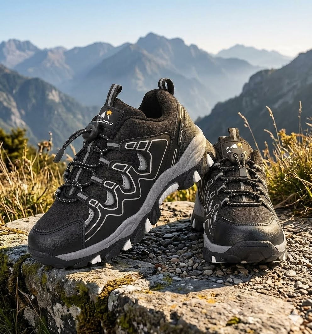A pair of black and gray outdoor hiking shoes with white accents, displayed on a rocky mountain path with a scenic mountain range in the background. big green bear