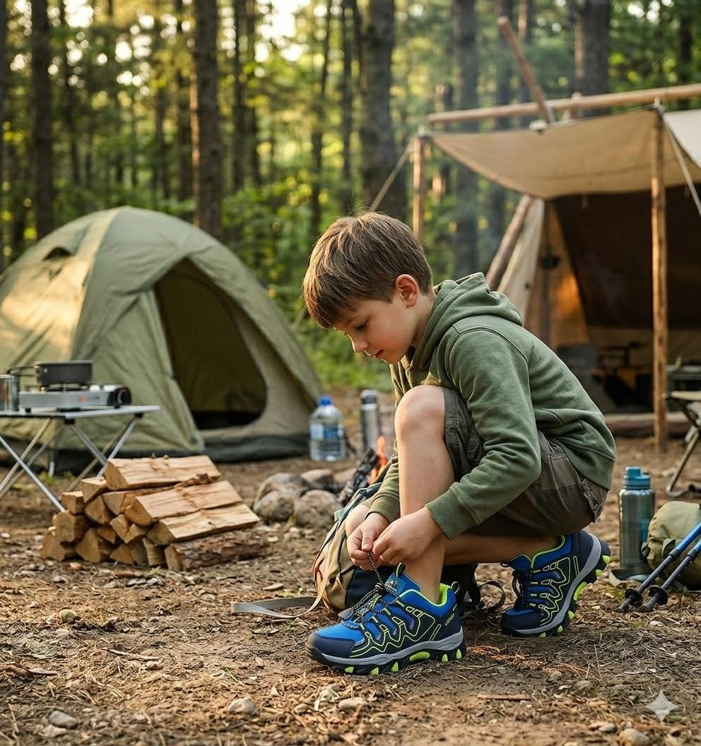 A young boy crouches in a forest campsite setting, tying the laces on a pair of bright blue and green outdoor trail shoes. A green tent, a canvas shelter, and stacked firewood are visible in the background.