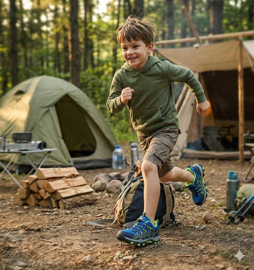 Kid running in the outdoors with blue sneakers