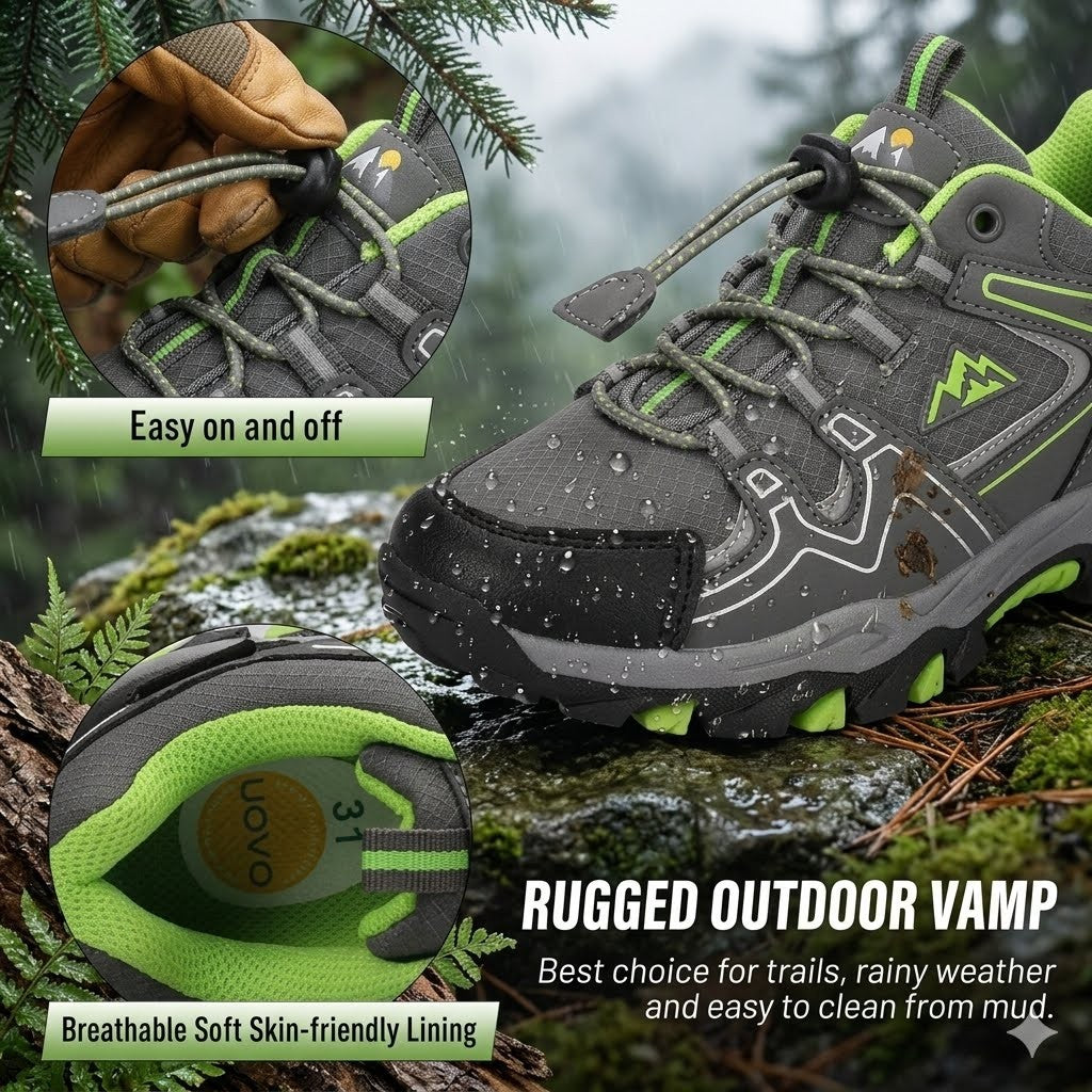 A pair of gray and neon green outdoor hiking boots shown on a mossy log in a forest setting, with two circular inset close-ups highlighting the lace closure and the soft interior lining. Text on the image reads 'RUGGED OUTDOOR VAMP' and 'Best choice for trails, rainy weather and easy to clean from mud.