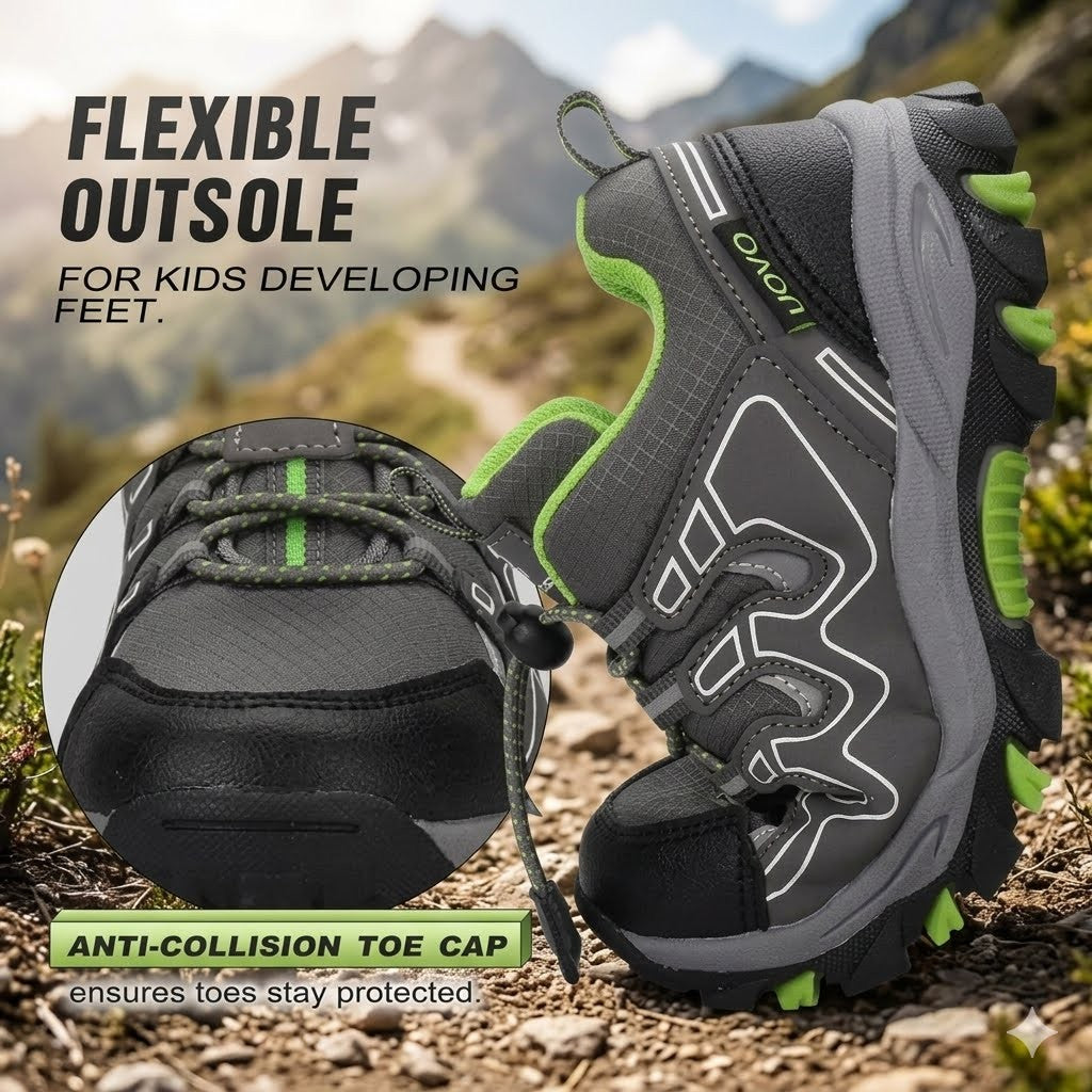 A pair of kids' outdoor hiking shoes in dark gray and black with bright green accents, shown on a rocky mountain trail. The image includes marketing text highlighting a flexible outsole for developing feet and an anti-collision toe cap.