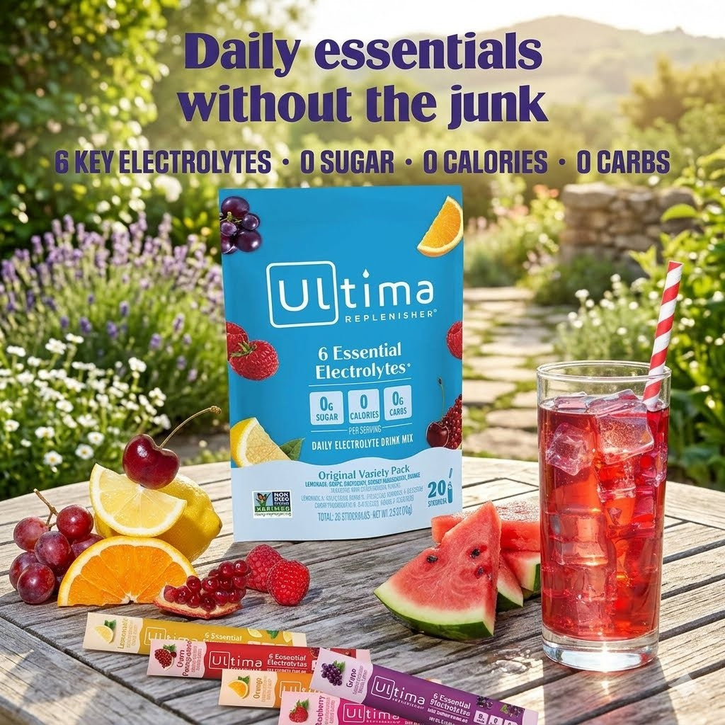 Ultima Replenished electrolyte drink mix box displayed on a wooden table outdoors, with a glass of red iced drink, watermelon slices, fruit, and promotional text about daily essentials without junk.