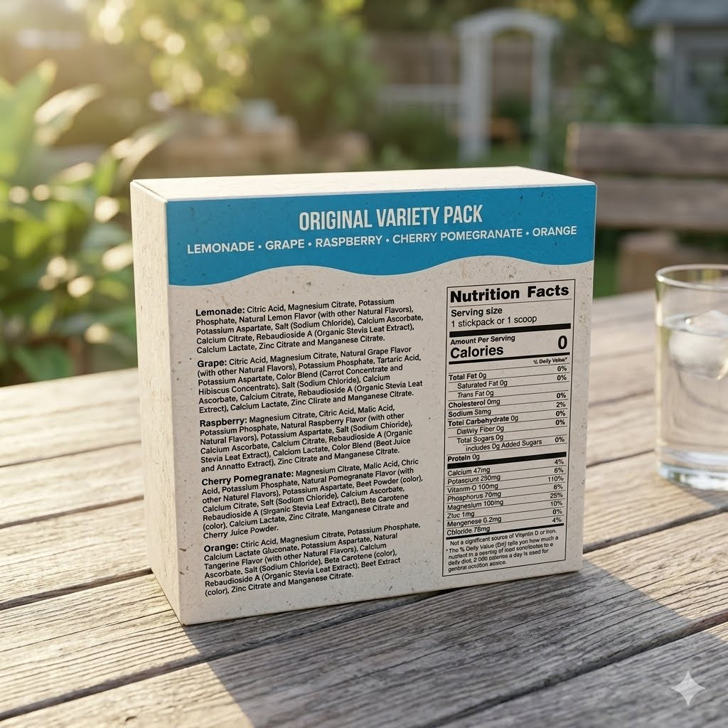 A box of 'Original Variety Pack' dietary supplement powder, featuring lemonade, grape, raspberry, cherry, and orange flavors, displayed on a wooden table outdoors with a glass of water in the foreground.