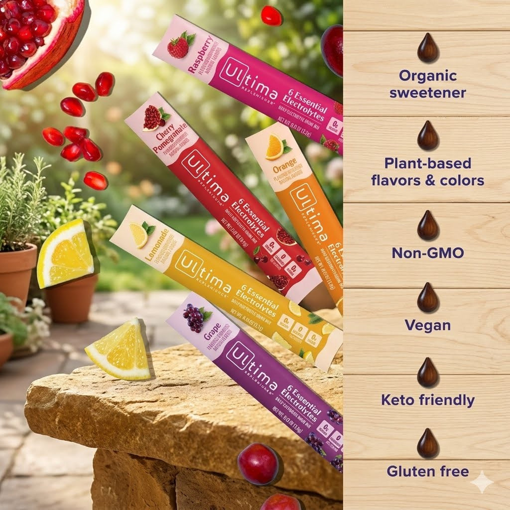 Ultima Keto Essential Electrolytes stick packs shown in a styled outdoor scene with fruit and plants, alongside a vertical wood-texture panel listing product benefits: organic sweetener, plant-based flavors and colors, non-GMO, vegan, keto friendly, and gluten free.