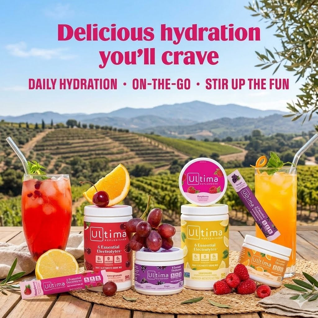 A promotional product shot for Ultima hydration drinks arranged on a wooden table outdoors, with a vineyard landscape in the background. The scene includes several colorful drink containers, two glasses of mixed drink, fruit garnishes, and large marketing text at the top reading 'Delicious hydration you'll crave' and 'DAILY HYDRATION • ON-THE-GO • STIR UP THE FUN'.