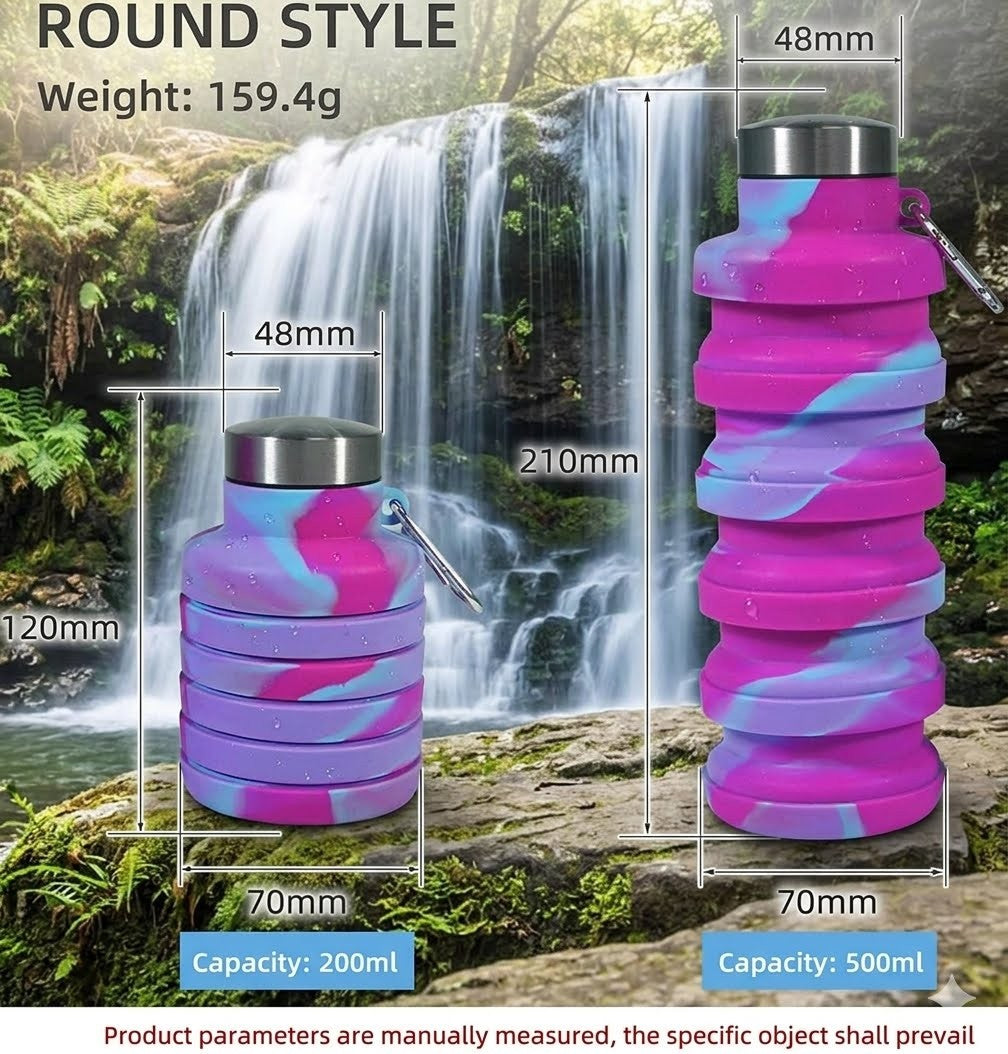Product dimensions diagram of Big Green Bear round style 500ml and 200ml silicone folding cup showing weights and measurements over a waterfall background.