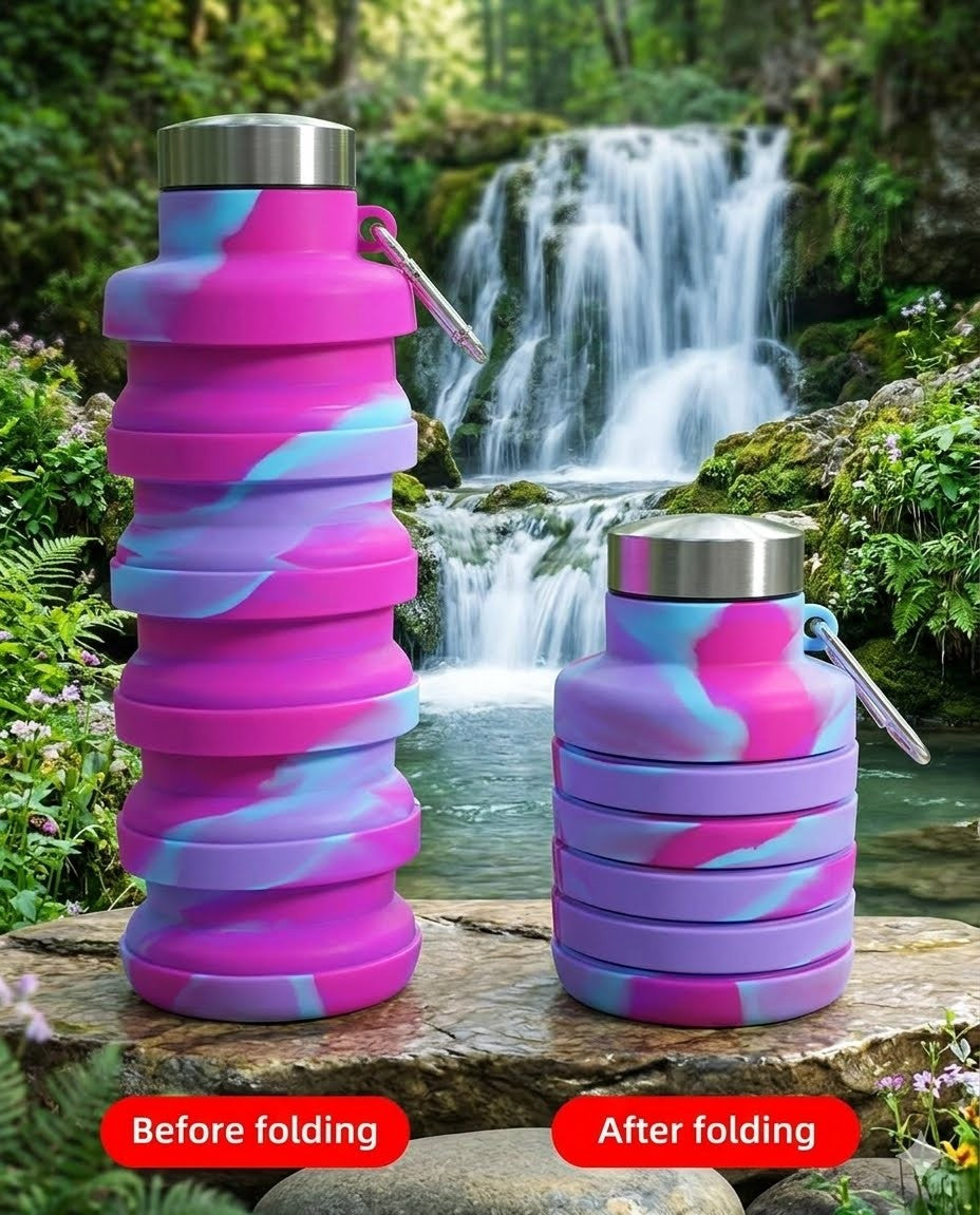 Before and after folding views of Big Green Bear pink and blue marble reusable silicone collapsible water bottles on an outdoor rocky river deck.